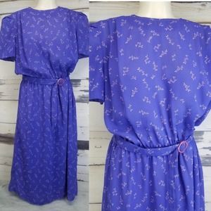 Vtg 80s Sheer Purple Floral Chiffon Dress Alison Peters Secretary Dress Med B12
